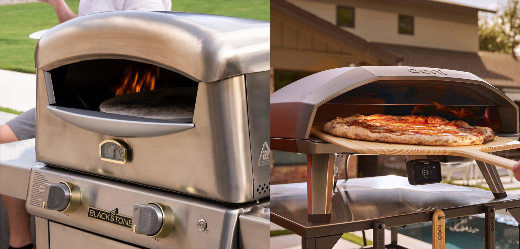 Blackstone Pizza Oven vs Ooni Side by Side Image showing Blackstone Select Pizza Oven next to Ooni Koda
