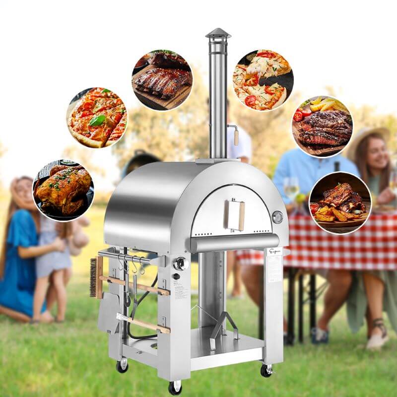 Empava PG03 Hybrid Wood and Gas Fired Pizza Oven Stainless Steel on Wheels with Accessories