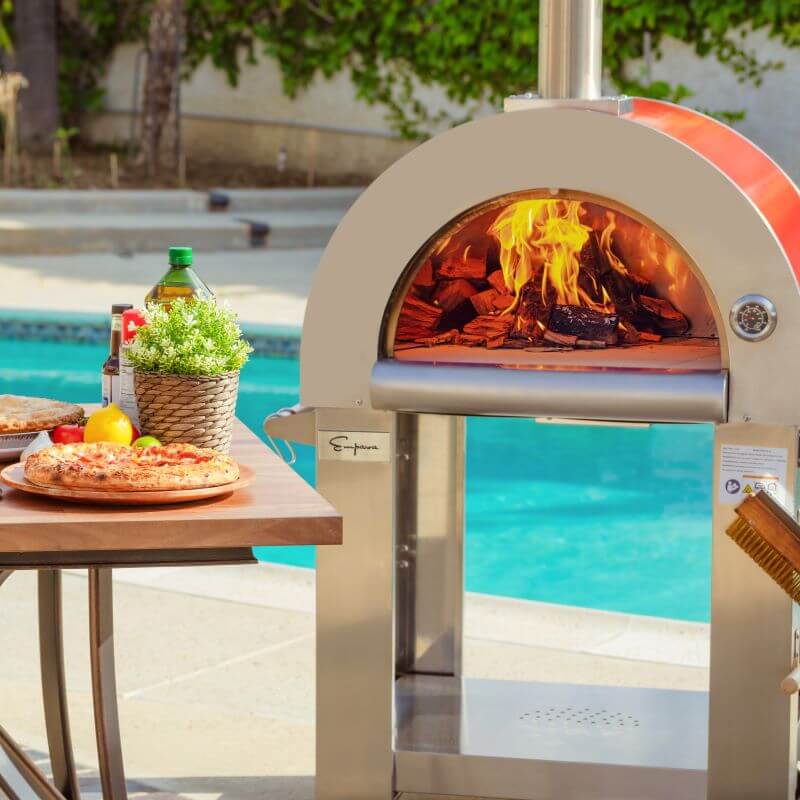 Empava PG06 Outdoor Wood Fired Pizza Oven Stainless Steel Red with Wheels and Accessories