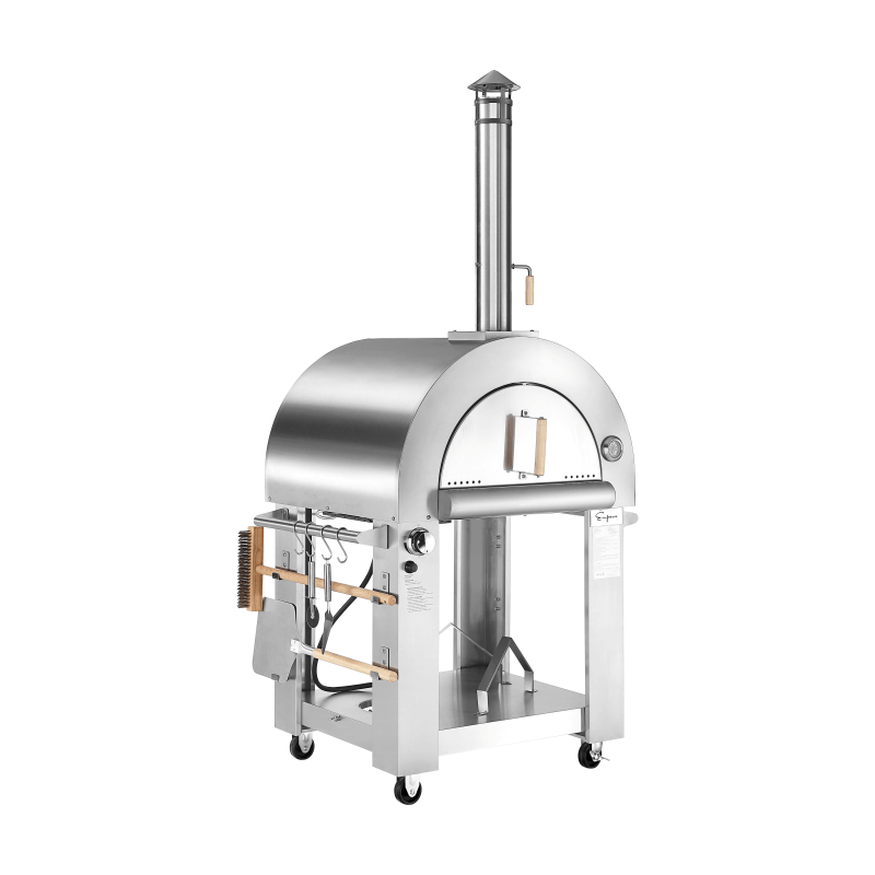 Empava PG03 Hybrid Wood and Gas Fired Pizza Oven Stainless Steel on Wheels with Accessories