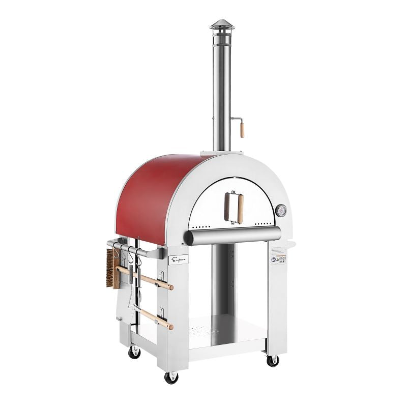 Empava PG06 Outdoor Wood Fired Pizza Oven Stainless Steel Red with Wheels and Accessories