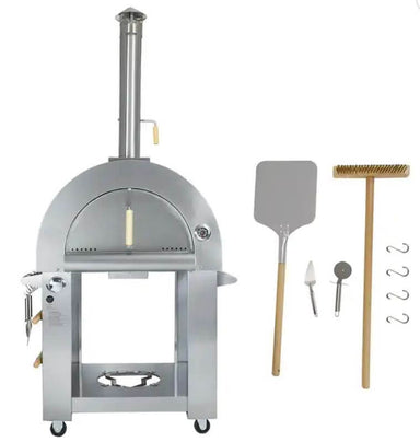 Kokomo Grills Wood or Gas Fired Outdoor Pizza Oven front view with accessories