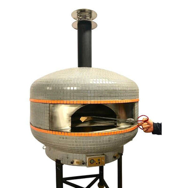 WPPO Lava 28 Wood Fired Pizza Oven on white backgroundwith person grabbing wood with pliers