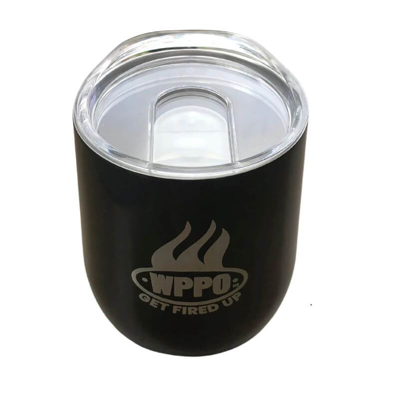 WPPO Cold and Hot Beverage Tumbler tilted to show lid
